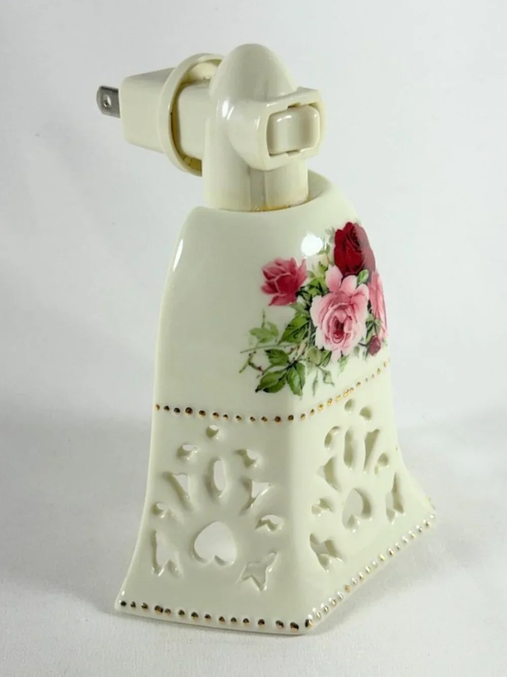 Nightlight, Ceramic, White W/Rose Pattern & Gold Trim
